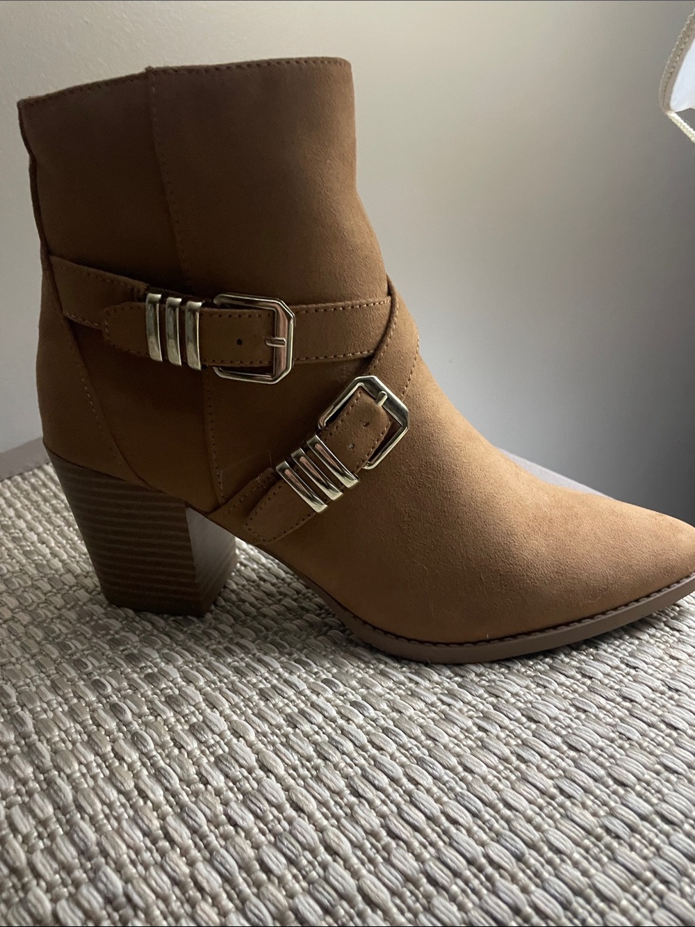Women’s Tan Buckled Suede Ankle Booties